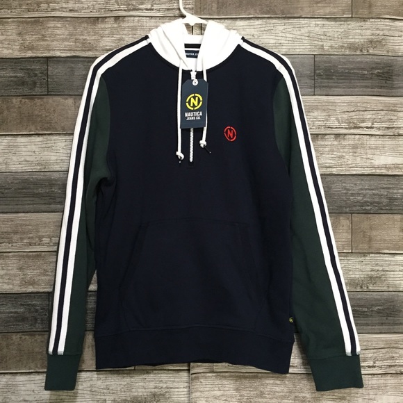 Nautica Color Block Hoodie Sweatshirt Men’s S Blue Green 1/2 Zip Fleece Pullover - Picture 3 of 11